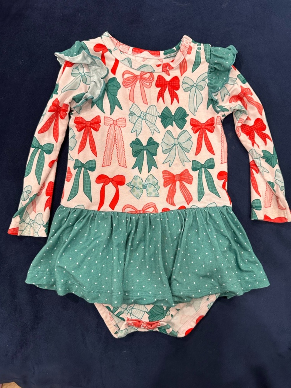 Girls' Green & Red Bow Print Long-Sleeve Dress Bodysuit